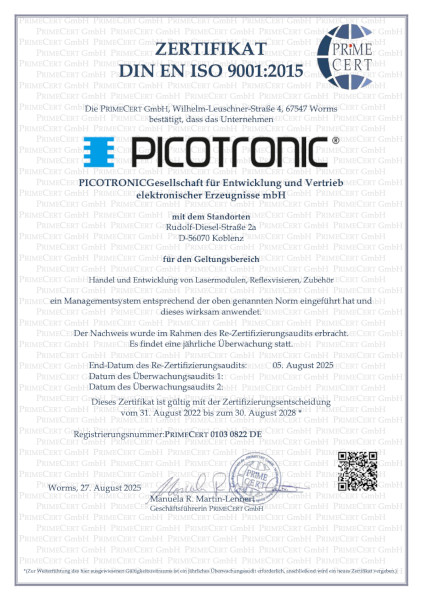 Picotronic certificates DIN EN ISO 9001:2015